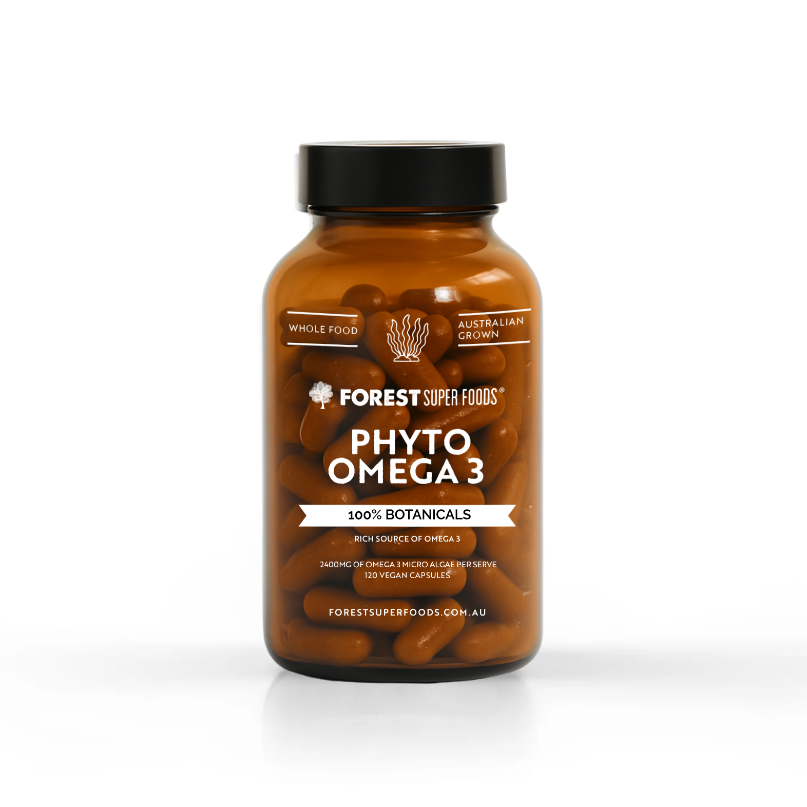 Amber bottle of Phyto Omega 3 by Forest Super Foods containing 120 vegan capsules with 100% botanical Omega 3 per serve