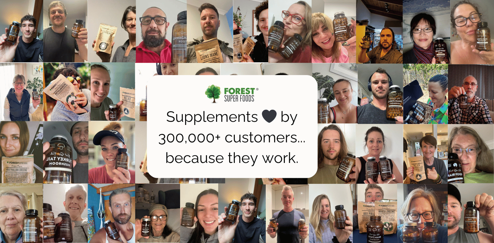 Forest Super Foods wholesale social proof collage—happy customers holding superfood supplement bottles, testimonial overlay